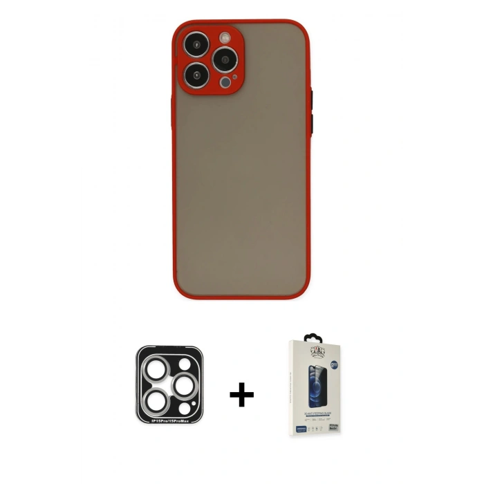 MARSİLYAN™- iPhone 15 Pro Max Kılıf Ahenk Çizgi Serisi - Siyah Bilvis Hayalet Cam Ekran Koruyucu + PVD Metal Kamera Lens - GS