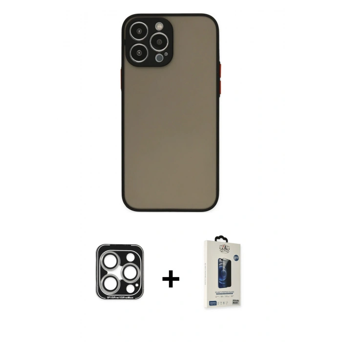 MARSİLYAN™- iPhone 15 Pro Max Kılıf Ahenk Çizgi Serisi - Siyah Bilvis Hayalet Cam Ekran Koruyucu + PVD Metal Kamera Lens - GS