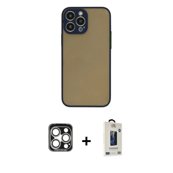 MARSİLYAN™- iPhone 15 Pro Max Kılıf Ahenk Çizgi Serisi - Siyah Bilvis Hayalet Cam Ekran Koruyucu + PVD Metal Kamera Lens - GS