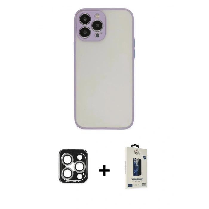 MARSİLYAN™- iPhone 15 Pro Max Kılıf Ahenk Çizgi Serisi - Siyah Bilvis Hayalet Cam Ekran Koruyucu + PVD Metal Kamera Lens - GS