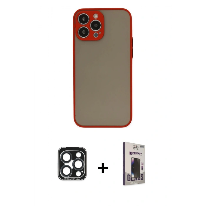 MARSİLYAN™- iPhone 15 Pro Max Kılıf Ahenk Çizgi Serisi - Siyah Bilvis Hayalet Cam Ekran Koruyucu + PVD Metal Kamera Lens - LT