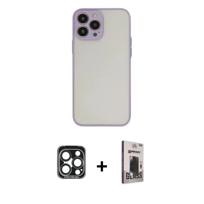 MARSİLYAN™- iPhone 15 Pro Max Kılıf Ahenk Çizgi Serisi - Siyah Bilvis Hayalet Cam Ekran Koruyucu + PVD Metal Kamera Lens - LT