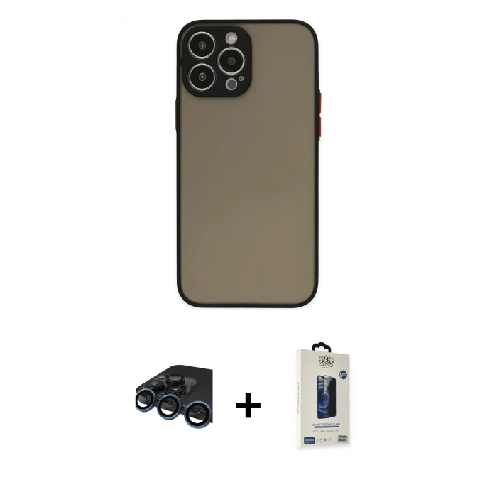 MARSİLYAN™- iPhone 15 Pro Max Kılıf Ahenk Çizgi Serisi - Siyah Bilvis Hayalet Cam Ekran Koruyucu + Raze Metal Kamera Lens - LT