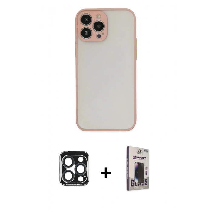 MARSİLYAN™- iPhone 15 Pro Max Kılıf Ahenk Çizgi Serisi - Siyah Bilvis Hayalet Cam Ekran Koruyucu + PVD Metal Kamera Lens - LT