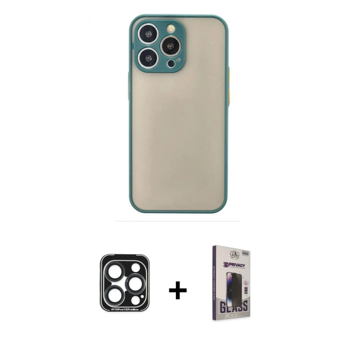 MARSİLYAN™- iPhone 15 Pro Max Kılıf Ahenk Çizgi Serisi - Siyah Bilvis Hayalet Cam Ekran Koruyucu + PVD Metal Kamera Lens - LT