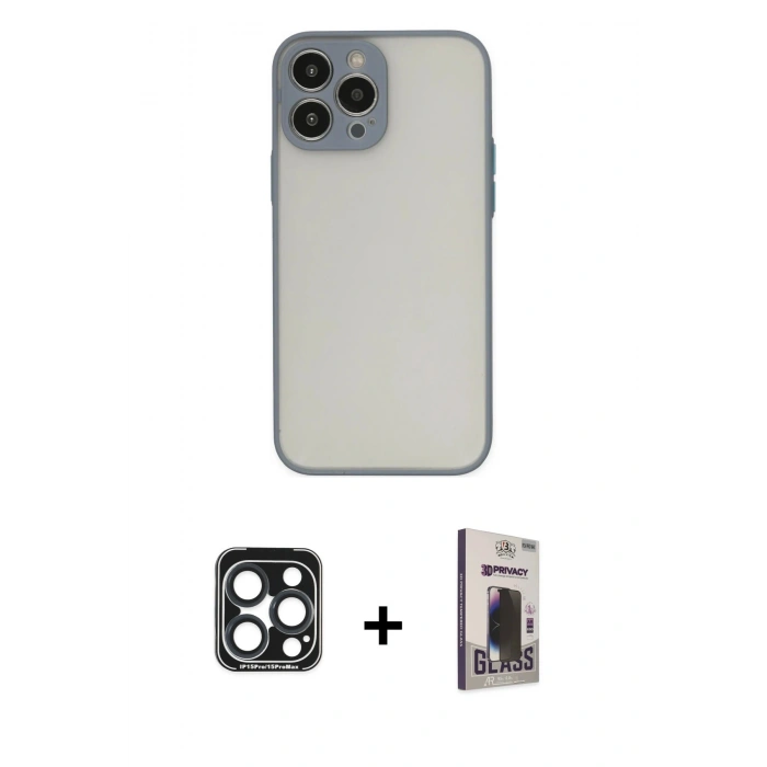 MARSİLYAN™- iPhone 15 Pro Max Kılıf Ahenk Çizgi Serisi - Siyah Bilvis Hayalet Cam Ekran Koruyucu + PVD Metal Kamera Lens - LT