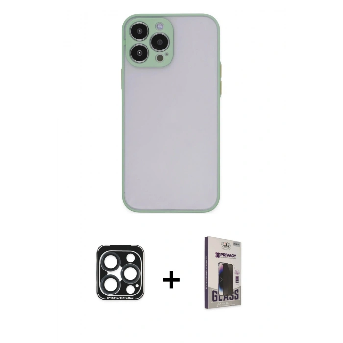MARSİLYAN™- iPhone 15 Pro Max Kılıf Ahenk Çizgi Serisi - Siyah Bilvis Hayalet Cam Ekran Koruyucu + PVD Metal Kamera Lens - LT