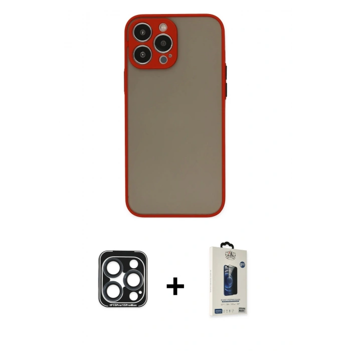 MARSİLYAN™- iPhone 15 Pro Max Kılıf Ahenk Çizgi Serisi - Siyah Bilvis Hayalet Cam Ekran Koruyucu + PVD Metal Kamera Lens - LT