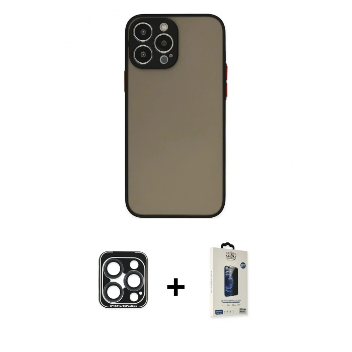 MARSİLYAN™- iPhone 15 Pro Max Kılıf Ahenk Çizgi Serisi - Siyah Bilvis Hayalet Cam Ekran Koruyucu + PVD Metal Kamera Lens - LT