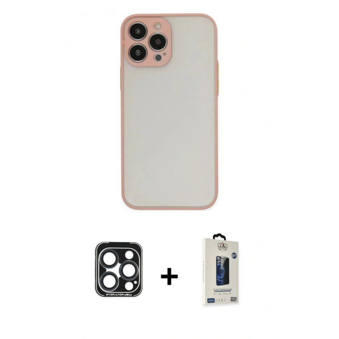 MARSİLYAN™- iPhone 15 Pro Max Kılıf Ahenk Çizgi Serisi - Siyah Bilvis Hayalet Cam Ekran Koruyucu + PVD Metal Kamera Lens - LT