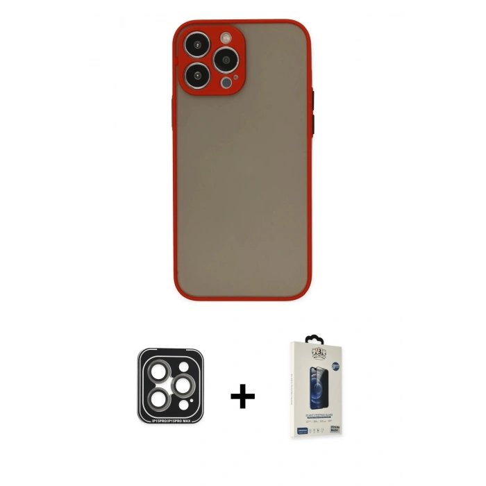 MARSİLYAN™- iPhone 15 Pro Max Kılıf Ahenk Çizgi Serisi - Siyah Bilvis Hayalet Cam Ekran Koruyucu + PVD Metal Kamera Lens - GI