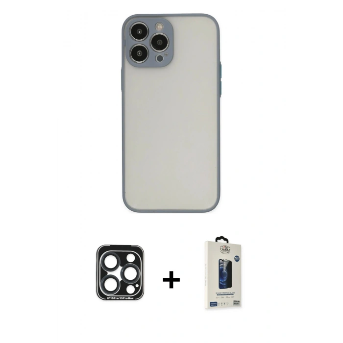MARSİLYAN™- iPhone 15 Pro Max Kılıf Ahenk Çizgi Serisi - Siyah Bilvis Hayalet Cam Ekran Koruyucu + PVD Metal Kamera Lens - LT