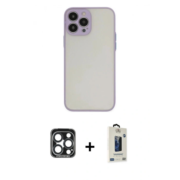 MARSİLYAN™- iPhone 15 Pro Max Kılıf Ahenk Çizgi Serisi - Siyah Bilvis Hayalet Cam Ekran Koruyucu + PVD Metal Kamera Lens - LT
