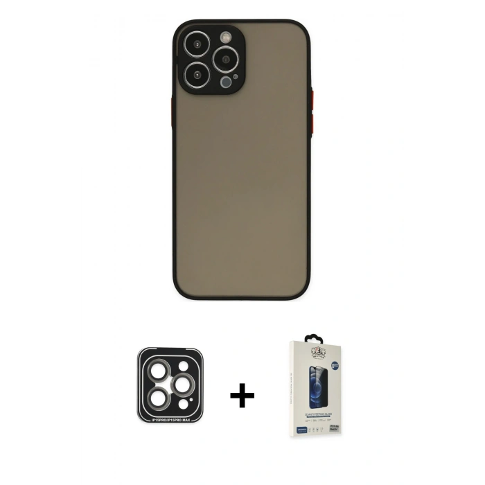 MARSİLYAN™- iPhone 15 Pro Max Kılıf Ahenk Çizgi Serisi - Siyah Bilvis Hayalet Cam Ekran Koruyucu + PVD Metal Kamera Lens - GI