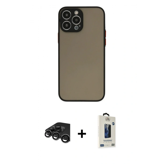 MARSİLYAN™- iPhone 15 Pro Max Kılıf Ahenk Çizgi Serisi - Siyah Bilvis Hayalet Cam Ekran Koruyucu + Raze Metal Kamera Lens - TMGI