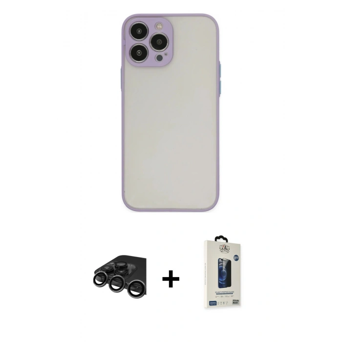 MARSİLYAN™- iPhone 15 Pro Max Kılıf Ahenk Çizgi Serisi - Siyah Bilvis Hayalet Cam Ekran Koruyucu + Raze Metal Kamera Lens - TMGI