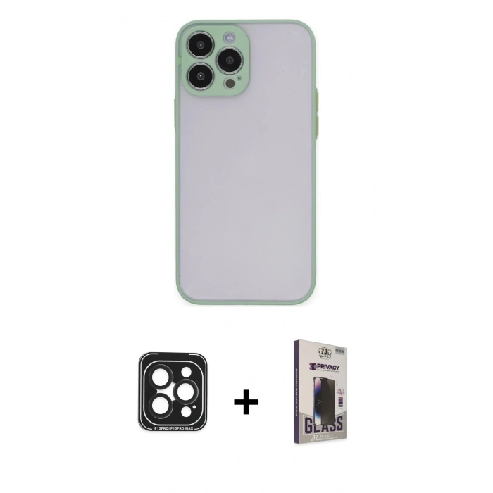 MARSİLYAN™- iPhone 15 Pro Max Kılıf Ahenk Çizgi Serisi - Siyah Bilvis Hayalet Cam Ekran Koruyucu + PVD Metal Kamera Lens - SH
