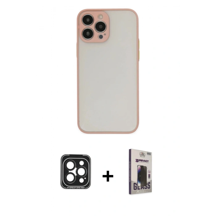 MARSİLYAN™- iPhone 15 Pro Max Kılıf Ahenk Çizgi Serisi - Siyah Bilvis Hayalet Cam Ekran Koruyucu + PVD Metal Kamera Lens - SH