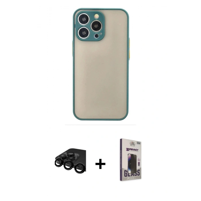 MARSİLYAN™- iPhone 15 Pro Max Kılıf Ahenk Çizgi Serisi - Siyah Bilvis Hayalet Cam Ekran Koruyucu + Raze Metal Kamera Lens - SH