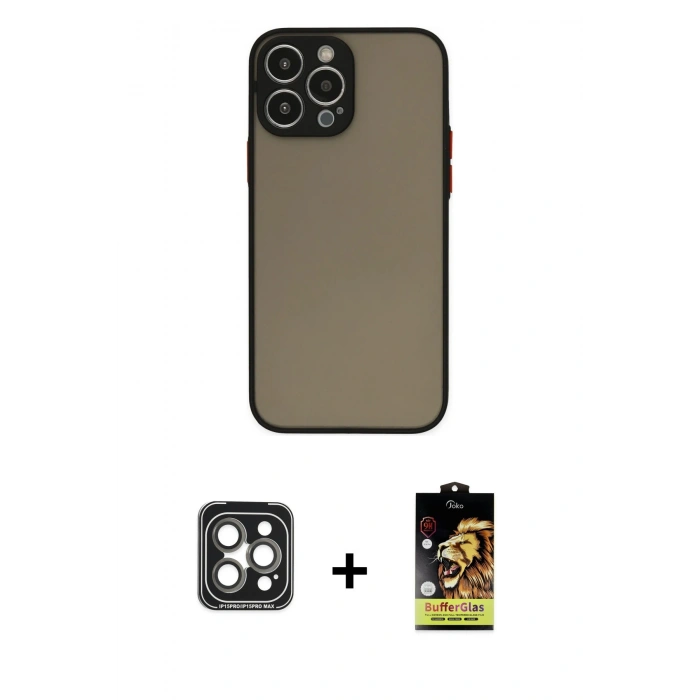 MARSİLYAN™- iPhone 15 Pro Max Kılıf Ahenk Çizgi Serisi - Siyah Buffer Cam Ekran Koruyucu + PVD Metal Kamera Lens - GI