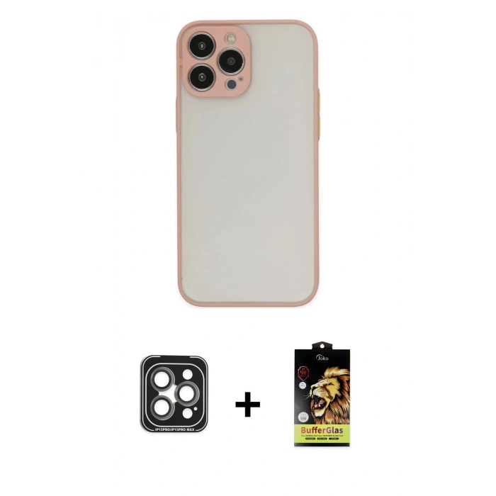 MARSİLYAN™- iPhone 15 Pro Max Kılıf Ahenk Çizgi Serisi - Siyah Buffer Cam Ekran Koruyucu + PVD Metal Kamera Lens - GI