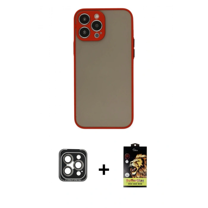 MARSİLYAN™- iPhone 15 Pro Max Kılıf Ahenk Çizgi Serisi - Siyah Buffer Cam Ekran Koruyucu + PVD Metal Kamera Lens - GI