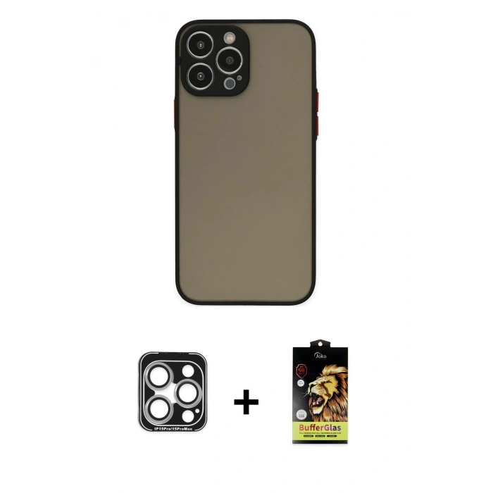 MARSİLYAN™- iPhone 15 Pro Max Kılıf Ahenk Çizgi Serisi - Siyah Buffer Cam Ekran Koruyucu + Gümüş PVD Metal Kamera Lens