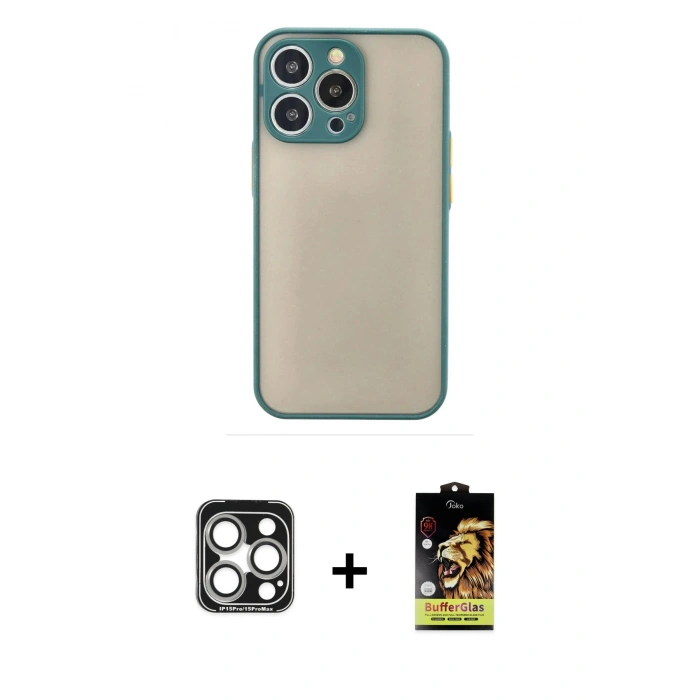 MARSİLYAN™- iPhone 15 Pro Max Kılıf Ahenk Çizgi Serisi - Siyah Buffer Cam Ekran Koruyucu + Gümüş PVD Metal Kamera Lens