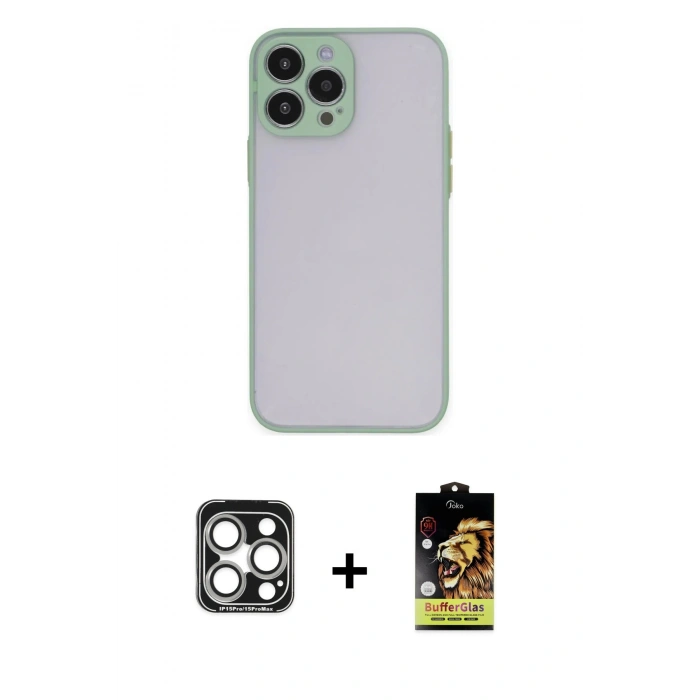 MARSİLYAN™- iPhone 15 Pro Max Kılıf Ahenk Çizgi Serisi - Siyah Buffer Cam Ekran Koruyucu + Gümüş PVD Metal Kamera Lens