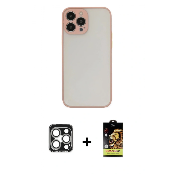MARSİLYAN™- iPhone 15 Pro Max Kılıf Ahenk Çizgi Serisi - Siyah Buffer Cam Ekran Koruyucu + Gümüş PVD Metal Kamera Lens