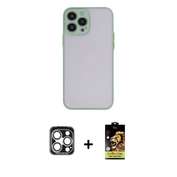 MARSİLYAN™- iPhone 15 Pro Max Kılıf Ahenk Çizgi Serisi - Siyah Buffer Cam Ekran Koruyucu + Gümüş PVD Metal Kamera Lens