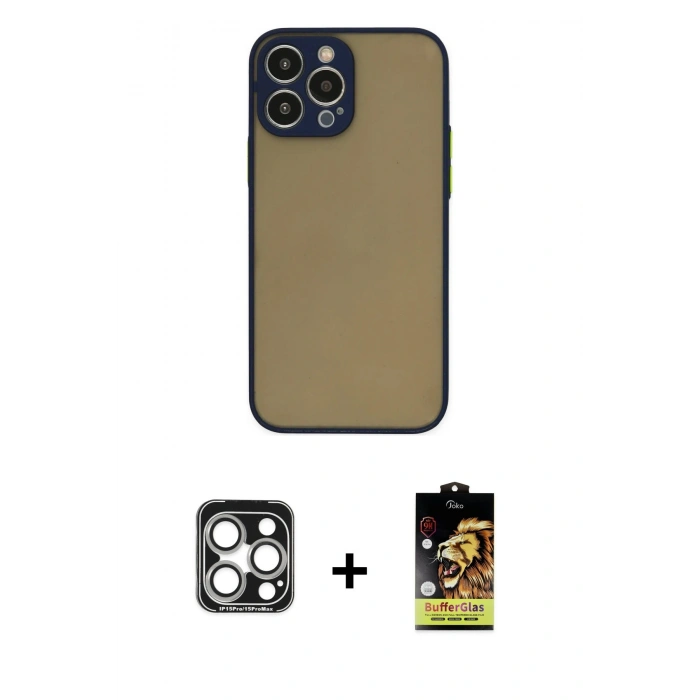 MARSİLYAN™- iPhone 15 Pro Max Kılıf Ahenk Çizgi Serisi - Siyah Buffer Cam Ekran Koruyucu + Gümüş PVD Metal Kamera Lens