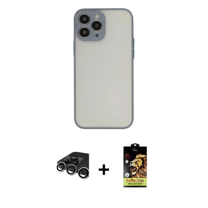 MARSİLYAN™- iPhone 15 Pro Max Kılıf Ahenk Çizgi Serisi - Siyah Buffer Cam Ekran Koruyucu + Gümüş Raze Metal Kamera Lens