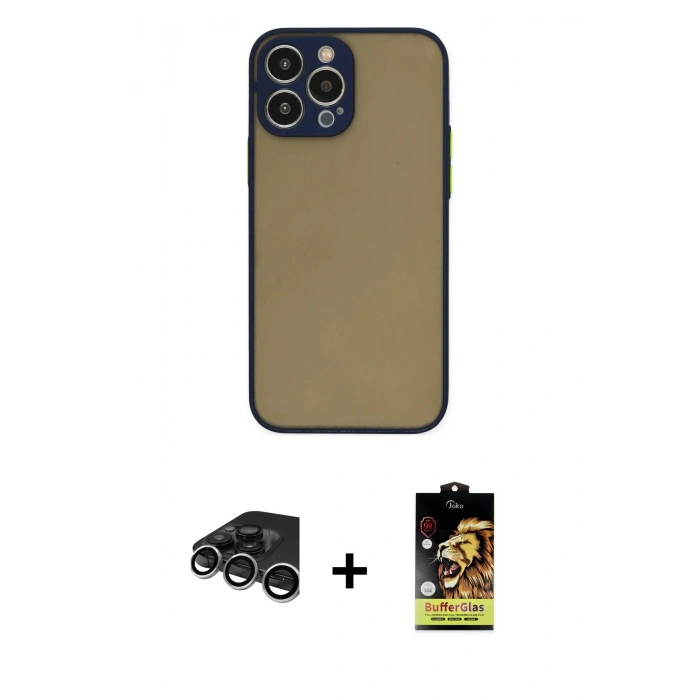 MARSİLYAN™- iPhone 15 Pro Max Kılıf Ahenk Çizgi Serisi - Siyah Buffer Cam Ekran Koruyucu + Gümüş Raze Metal Kamera Lens