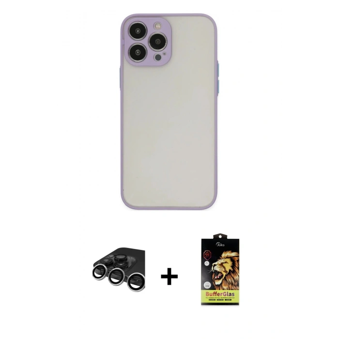 MARSİLYAN™- iPhone 15 Pro Max Kılıf Ahenk Çizgi Serisi - Siyah Buffer Cam Ekran Koruyucu + Gümüş Raze Metal Kamera Lens
