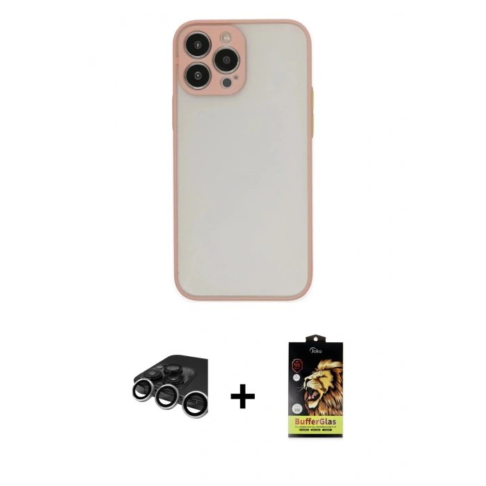 MARSİLYAN™- iPhone 15 Pro Max Kılıf Ahenk Çizgi Serisi - Siyah Buffer Cam Ekran Koruyucu + Gümüş Raze Metal Kamera Lens