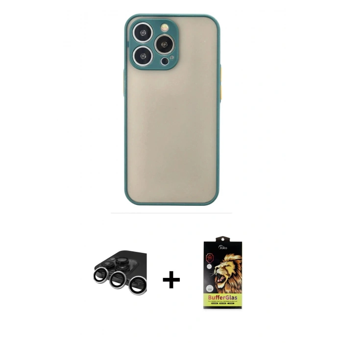 MARSİLYAN™- iPhone 15 Pro Max Kılıf Ahenk Çizgi Serisi - Siyah Buffer Cam Ekran Koruyucu + Gümüş Raze Metal Kamera Lens