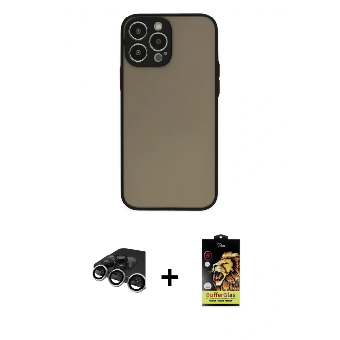 MARSİLYAN™- iPhone 15 Pro Max Kılıf Ahenk Çizgi Serisi - Siyah Buffer Cam Ekran Koruyucu + Gümüş Raze Metal Kamera Lens