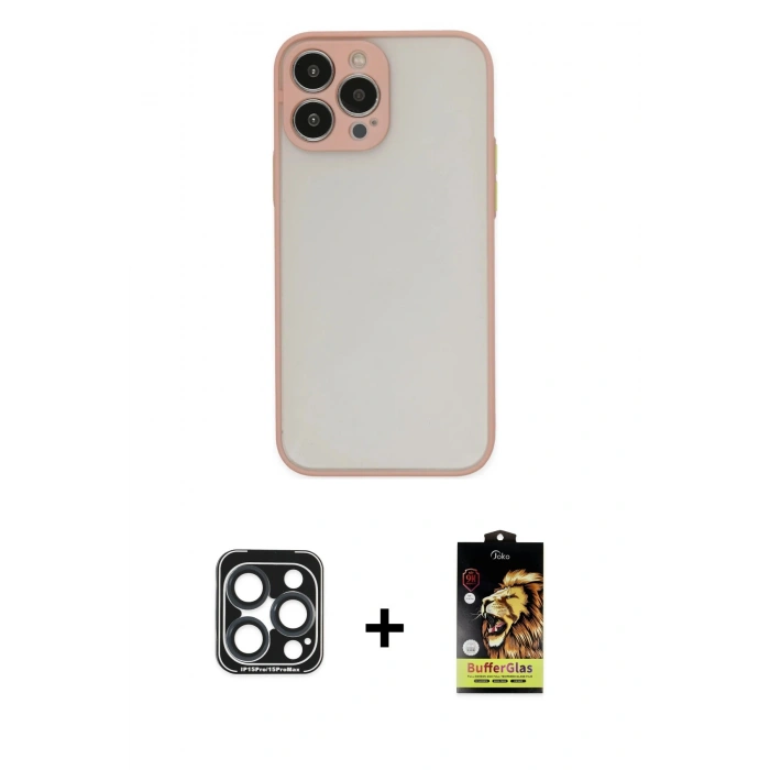 MARSİLYAN™- iPhone 15 Pro Max Kılıf Ahenk Çizgi Serisi - Siyah Buffer Cam Ekran Koruyucu + PVD Metal Kamera Lens - LT
