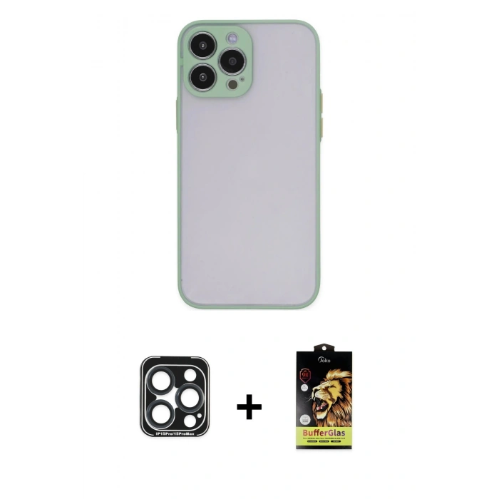 MARSİLYAN™- iPhone 15 Pro Max Kılıf Ahenk Çizgi Serisi - Siyah Buffer Cam Ekran Koruyucu + PVD Metal Kamera Lens - LT
