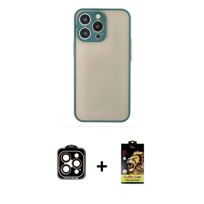 MARSİLYAN™- iPhone 15 Pro Max Kılıf Ahenk Çizgi Serisi - Siyah Buffer Cam Ekran Koruyucu + PVD Metal Kamera Lens - TU