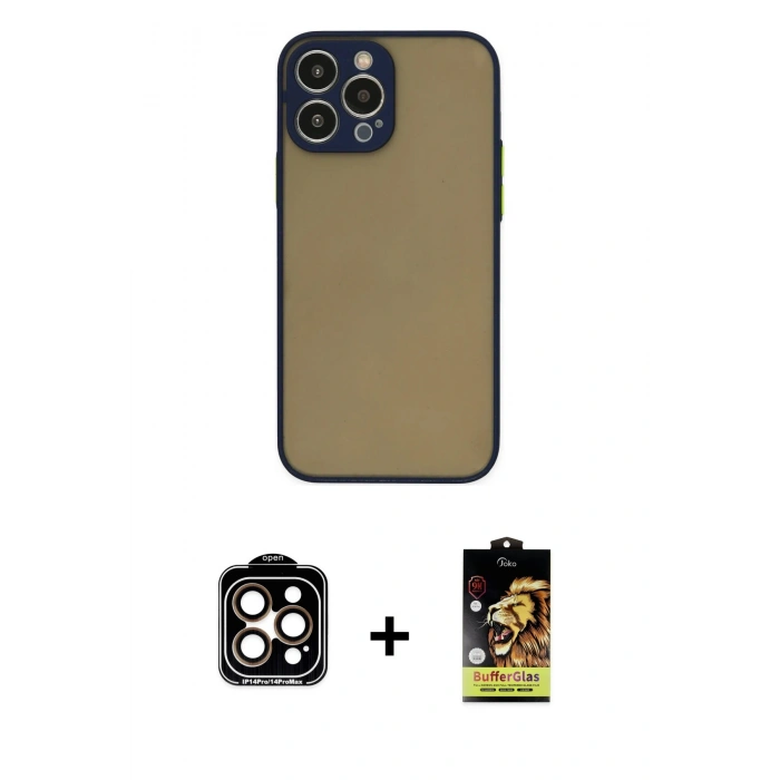 MARSİLYAN™- iPhone 15 Pro Max Kılıf Ahenk Çizgi Serisi - Siyah Buffer Cam Ekran Koruyucu + PVD Metal Kamera Lens - TU