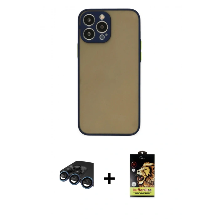 MARSİLYAN™- iPhone 15 Pro Max Kılıf Ahenk Çizgi Serisi - Siyah Buffer Cam Ekran Koruyucu + Raze Metal Kamera Lens - LT