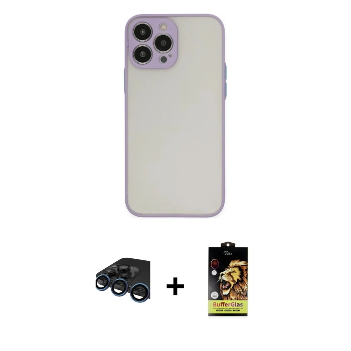 MARSİLYAN™- iPhone 15 Pro Max Kılıf Ahenk Çizgi Serisi - Siyah Buffer Cam Ekran Koruyucu + Raze Metal Kamera Lens - LT