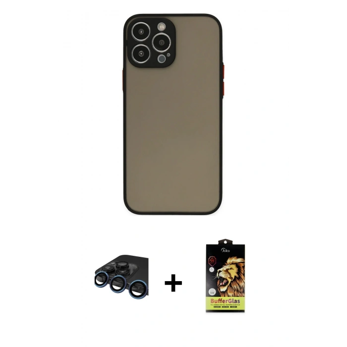 MARSİLYAN™- iPhone 15 Pro Max Kılıf Ahenk Çizgi Serisi - Siyah Buffer Cam Ekran Koruyucu + Raze Metal Kamera Lens - LT