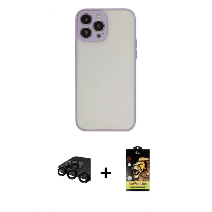 MARSİLYAN™- iPhone 15 Pro Max Kılıf Ahenk Çizgi Serisi - Siyah Buffer Cam Ekran Koruyucu + Siyah Raze Metal Kamera Lens