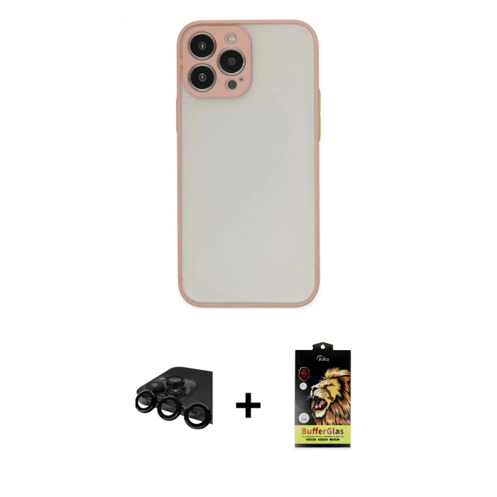 MARSİLYAN™- iPhone 15 Pro Max Kılıf Ahenk Çizgi Serisi - Siyah Buffer Cam Ekran Koruyucu + Siyah Raze Metal Kamera Lens