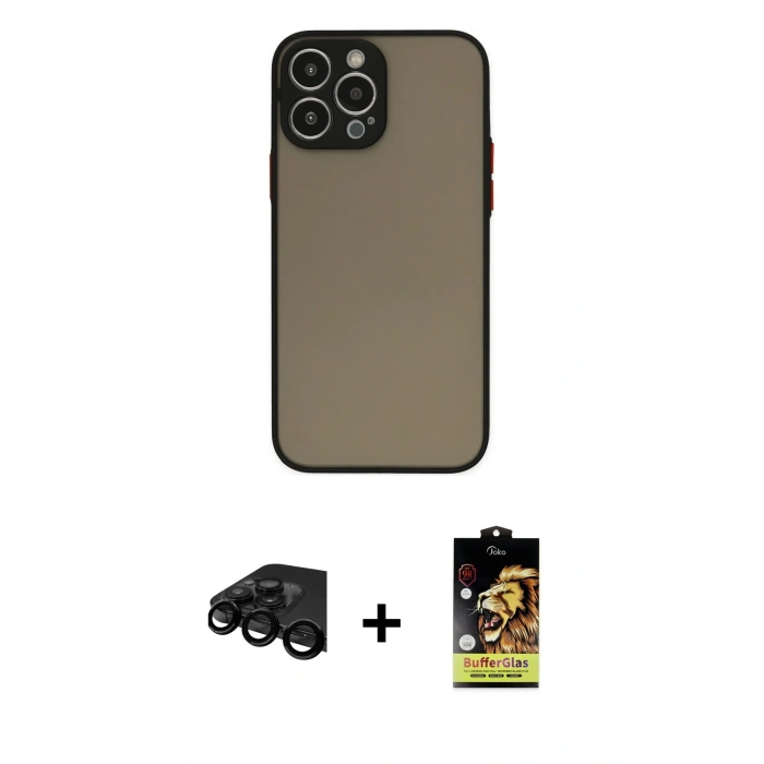 MARSİLYAN™- iPhone 15 Pro Max Kılıf Ahenk Çizgi Serisi - Siyah Buffer Cam Ekran Koruyucu + Siyah Raze Metal Kamera Lens