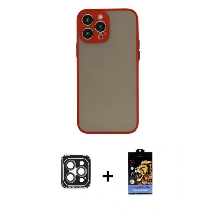 MARSİLYAN™- iPhone 15 Pro Max Kılıf Ahenk Çizgi Serisi - Siyah Buffer Hayalet Cam Ekran Koruyucu + Gri PVD Metal Kamera Lens