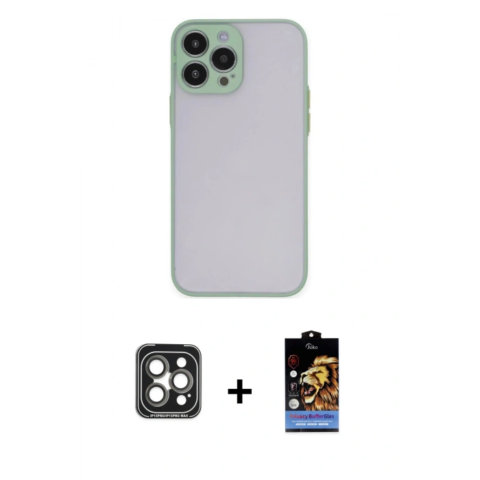 MARSİLYAN™- iPhone 15 Pro Max Kılıf Ahenk Çizgi Serisi - Siyah Buffer Hayalet Cam Ekran Koruyucu + Gri PVD Metal Kamera Lens